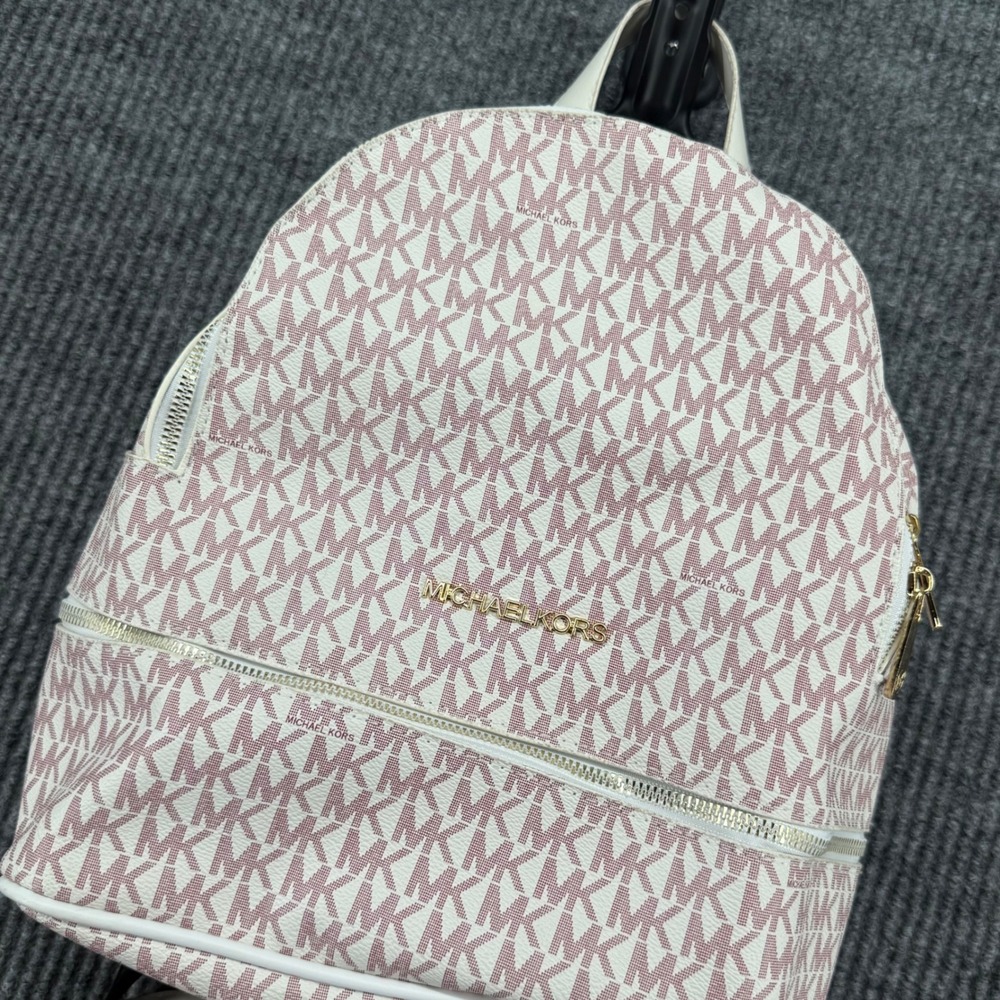 Michael Kors Backpack Womens Medium Pink Cream Excellent MK Monogram Logo Bag